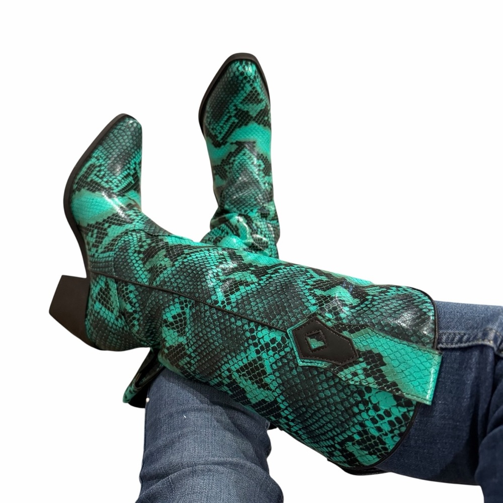 NIB Wetkiss Boots THE SHEILA Green & Black Snakeskin Snip Toe Western Boots - 7 - Picture 4 of 15
